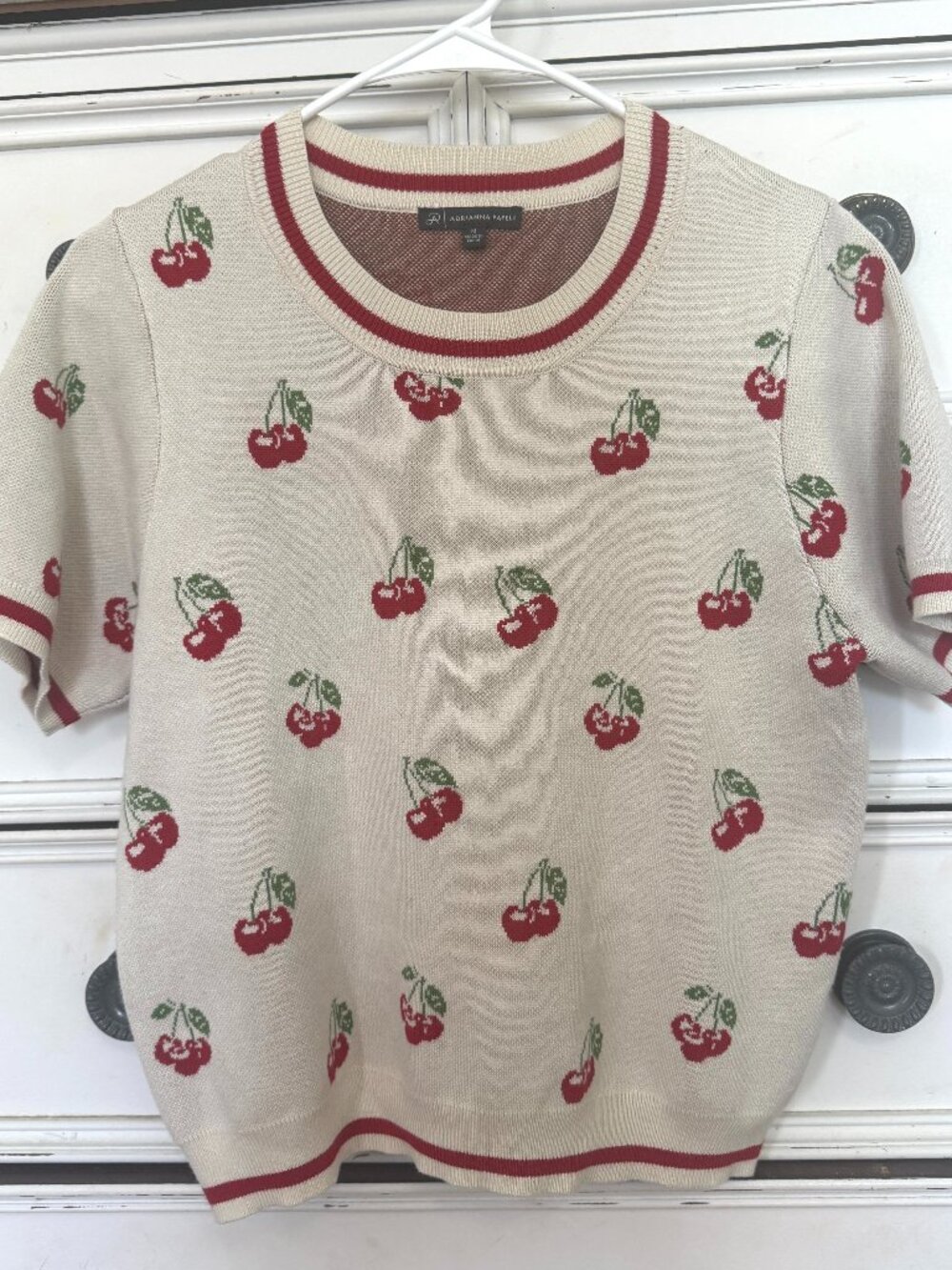 Adrianna Papell Cream Cherry Knit Short Sleeve Sweater with Red Trim
